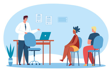 People couple at therapy session with psychologist. Vector therapy woman and man, couple session counseling illustration