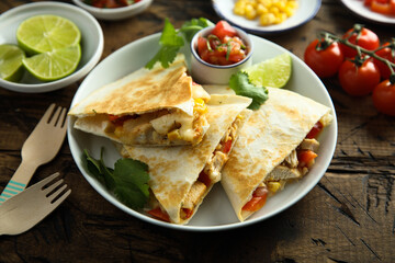 Homemade quesadilla with chicken and tomatoes