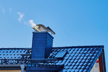 View of a roof with a chimney against a blue sky.