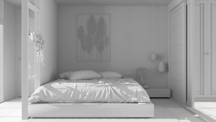 Total white project, minimalist bedroom in japanese style, parquet floor, double wooden bed with pillows, sliding door, pendant lamps, carpet and decors, modern interior design