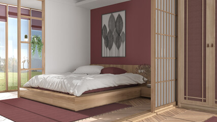 Minimalist bedroom in japanese style in white and red tones, parquet floor, double wooden bed with pillows, sliding door, soft duvet, carpet and decors, modern interior design