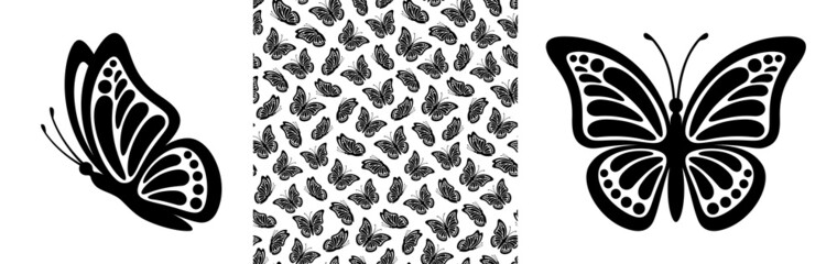 Fototapeta na wymiar Modern seamless pattern of monarch butterfly shapes on white background for decoration design. Closeup design element black butterfly. Side view vector icon