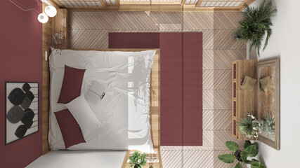 Minimalist bedroom in japanese style in white and red tones, parquet, double wooden bed with pillows, sliding door, carpet and decors, modern interior design, top view, plan, above