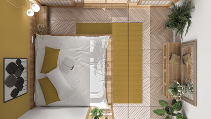 Minimalist bedroom in japanese style in white and yellow tones, parquet, double wooden bed with pillows, sliding door, carpet and decors, modern interior design, top view, plan, above