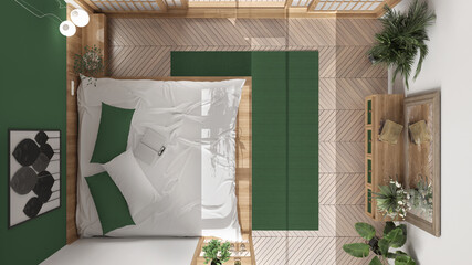 Minimalist bedroom in japanese style in white and green tones, parquet, double wooden bed with pillows, sliding door, carpet and decors, modern interior design, top view, plan, above