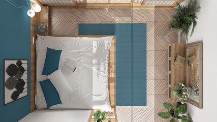 Minimalist bedroom in japanese style in white and blue tones, parquet, double wooden bed with pillows, sliding door, carpet and decors, modern interior design, top view, plan, above