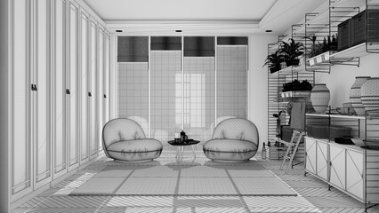 Unfinished project draft, minimalist living room in japanese style, armchair, carpet and parquet. Tea time, glass teapot and teacup, snacks. Big window, modern interior design