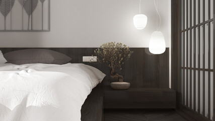 Minimalist bedroom in japanese style in white and dark tones, parquet floor, double wooden bed with pillows and duvet, flowered bonsai, close up, lamps, modern interior design