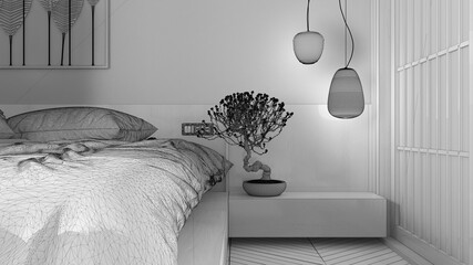 Unfinished project draft, minimalist bedroom in japanese style, parquet floor, double wooden bed with pillows and duvet, flowered bonsai, close up, lamps, modern interior design