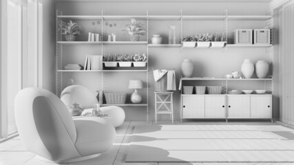 Total white project draft, minimalist living room in japanese style, armchair, carpet and parquet floor. Wooden bookshelf with plants and decors. Relax concept, modern interior design