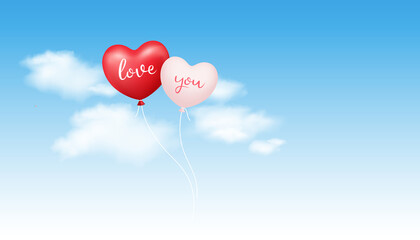 Naklejka na ściany i meble Balloon heart, love you message, valentine's day concept on cloud and sky background, Eps 10 vector illustration