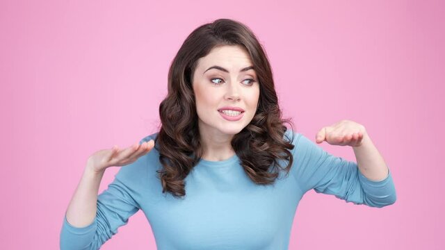 Lady teacher ask pupils stop talk isolated pastel color background