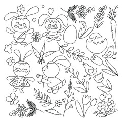 black and white out line hand drawn easter bunnies and flowers  coloring page.