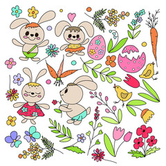 easter bunnies and flowers fulcolor hand drawn vector illustration. 
