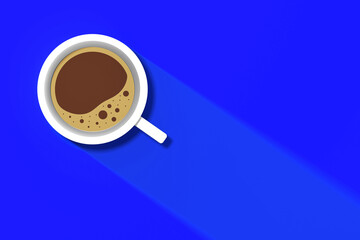Obraz na płótnie Canvas a white cup of coffee on Azure background. long shadow from cup. invigorating drink. horizontal image. 3D image. 3D rendering.