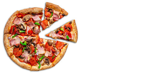 Tasty pepperoni pizza and cooking ingredients tomatoes basil on white background. Top view of hot pepperoni pizza. With copy space for text. Flat lay. Banner