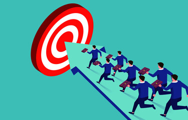 A group of businessmen running together to the bullseye in the direction of the arrow, new business plan and new business goals