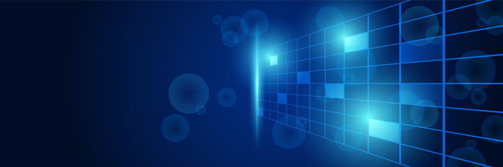 Technology global blue wide banner design background. Abstract 3d banner design with dark blue technology geometric background. Vector illustration