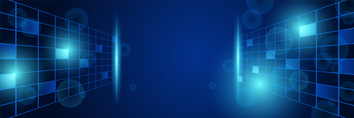Technology global blue wide banner design background. Abstract 3d banner design with dark blue technology geometric background. Vector illustration