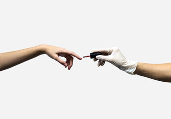 Manicure concept Michelangelo style. Two hands reaching out to each other. Manicurist hand in glove...