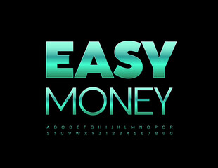 Vector modern emblem Easy Money with Green metallic Font. Elegant Slim Alphabet Letters and Numbers