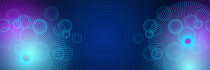 Abstract neon style blue wide banner design background. Abstract 3d banner design with dark blue technology geometric background. Vector illustration