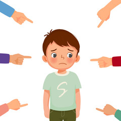 little boy feeling sad, guilty and ashamed get bullied with finger surrounding pointing at him blaming and accusing him in public