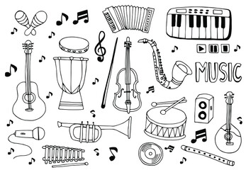 Set of hand drawn musical instruments in doodles style.