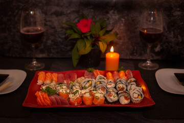 Fototapeta na wymiar Traditional Japanese food Sushi. Japanese food dinner to celebrate romantic date