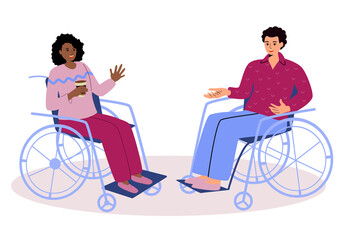 People with disabilities communicate, work together. A man and a woman communicate. Social adaptation of people with disabilities, support for people with disabilities.