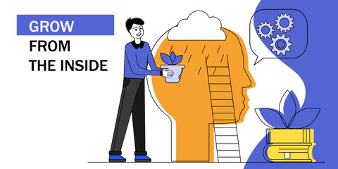 Grow from the inside concept. Mindfulness, awareness, self-development. Man with plant. Vector illustration isolated on white