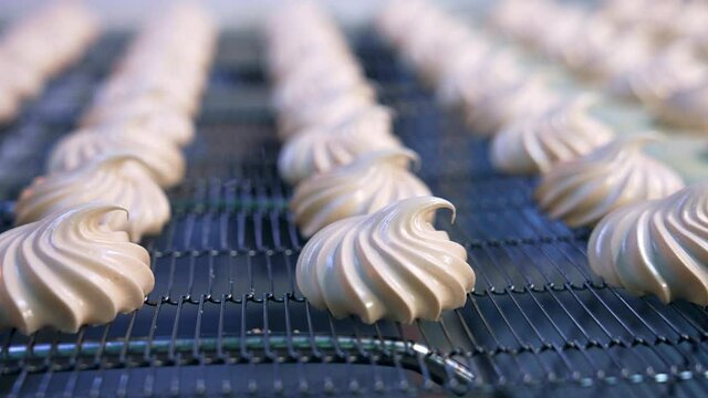 Beautifully-shaped zephyr desserts on the grid of conveyor. Tasty healthy sweets production on the food factory. Close up. Blurred background.
