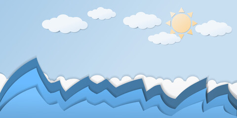 Paper art background with blue waves, clouds and sun. Vector illustration with landscape