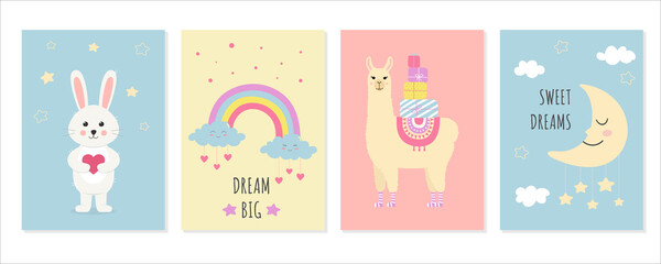 Set of cute posters with sleepy moon, clouds, cute bunny and llama. Template for baby shower, greeting card, nursery poster, print