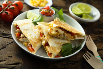 Homemade quesadilla with chicken and tomatoes