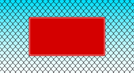 Empty red sign banner on the metal grid fence background. Chain link fence, wire mesh, steel metal prison or restricted area barrier. Flat vector illustration on the blue sky background.