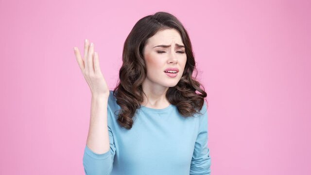 Lady wrong insane mind finger forehead isolated pastel color background