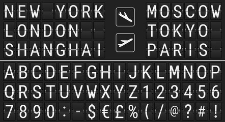 Realistic airport mechanical scoreboard font with special symbols. Departures and arrivals flight signs. 3D realistic vector illustration. - obrazy, fototapety, plakaty