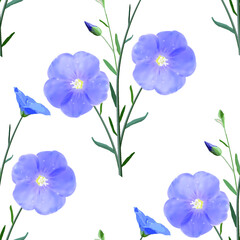 Fototapeta na wymiar The flowers and buds of blue flax from the stem and leaves on a white background, seamless pattern, vector