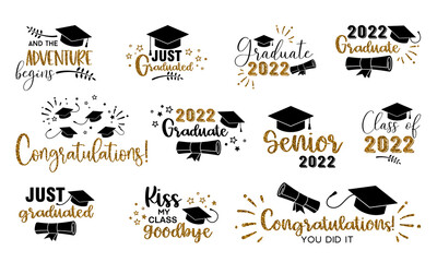Graduation congratulations at school, university or college . Trendy calligraphy golden glitter inscription - 482020554