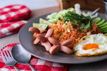 American fried rice served with sausages, cucumbers, shredded vegetables in a gray plate on a white table with seasoning.