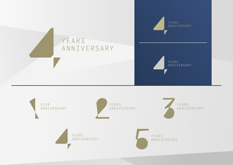 Set of geometric abstract anniversary logotype with minimalism gold, silver and blue color style for celebration event. Vector Template Design Illustration.