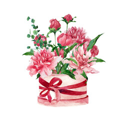 Watercolor illustration of box with bouquet of peonies on a white background. Romantic floral bright illustration perfect for design of Valentine's Day and wedding, romantic events.