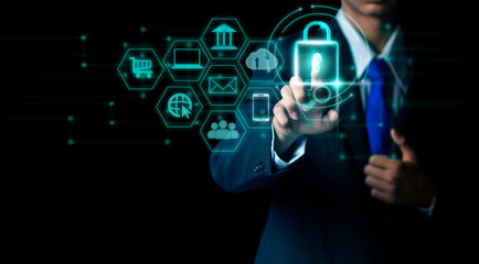 Cybersecurity network, key icon and networking, internet technology. Businessman protecting...