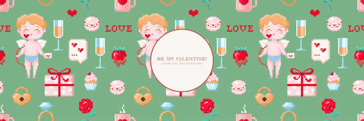 Lovely Seamless pixel art background. Valentine day pattern design for web banner, promo page, decoration. 90s 8 bit game mosaic style cupid, champagne, cakes, sweets, gifts, strawberries. Vector.
