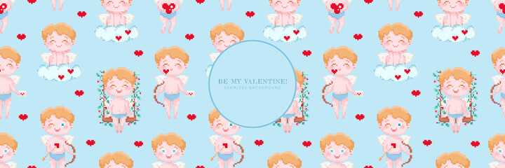 Lovely Seamless pixel art pink background. Valentine day pattern design for web banner, promo page, decoration. 90s 8 bit game mosaic style cute adorable cupids with hearts around them. Vector.
