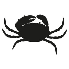 black silhouette of a crab. marine animal drawing,isolated whole crab in black, sketch style drawing, top view, on white for seafood logo design template