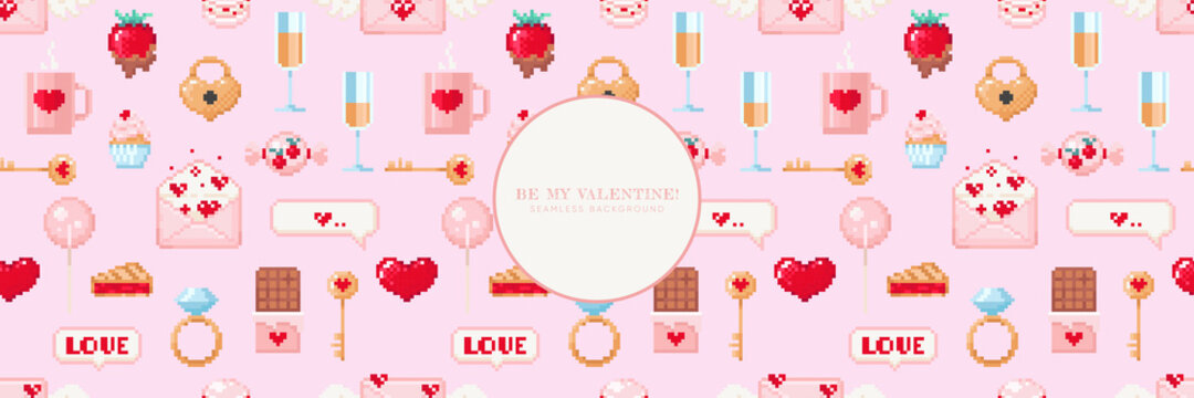 Lovely Seamless pixel art pink background. Valentine day pattern design for web banner, promo page, decoration. 90s 8 bit game style mosaic envelope, key, ballon, chocolate, heart lock. Vector.
