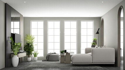 Interior design in luxury minimalist style in the living room area. using wood material and light gray cloth on concrete tile floor and arched walkways in an apartment with large windows 3d render