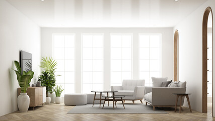 Interior design in vintage minimalist style in the living room area. using wood material and light gray cloth on parquet floor and arched walkways in an apartment with large windows 3d render